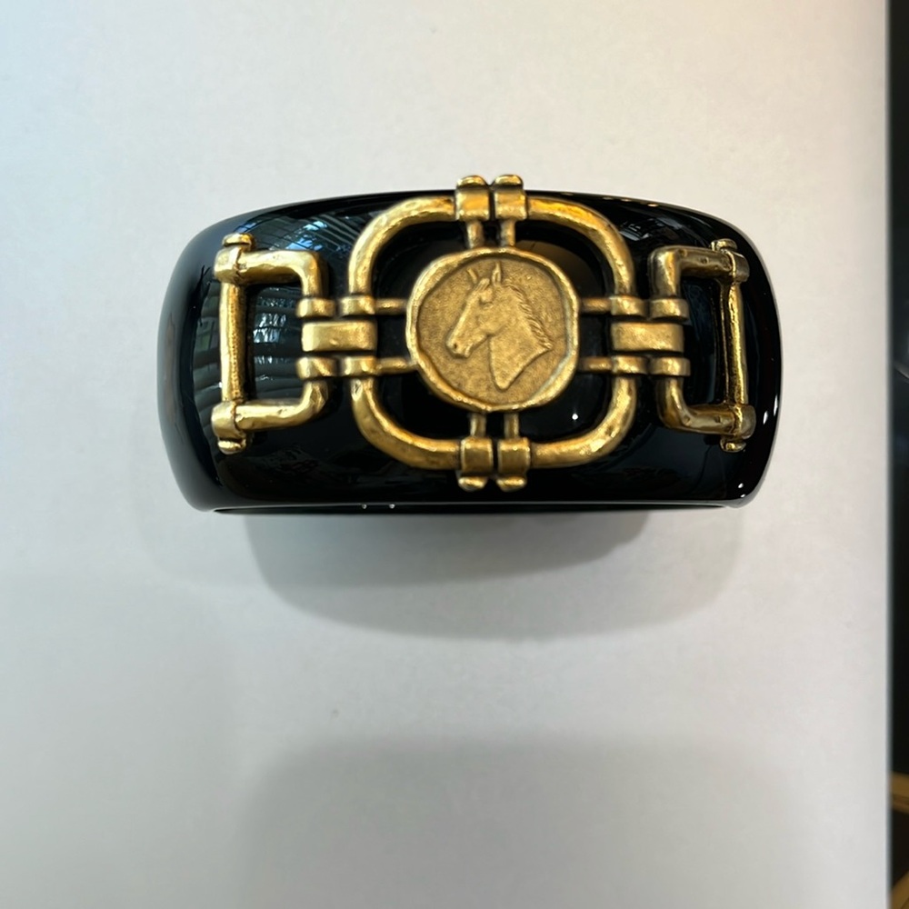 John Wind black resin clamper bangle bracelet with horse motif